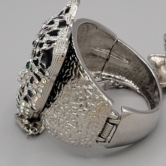 Large Leopard Head Rhinestone Bracelet Stretch Ring Set Hinged Green Crystal Eye - Picture 6 of 12